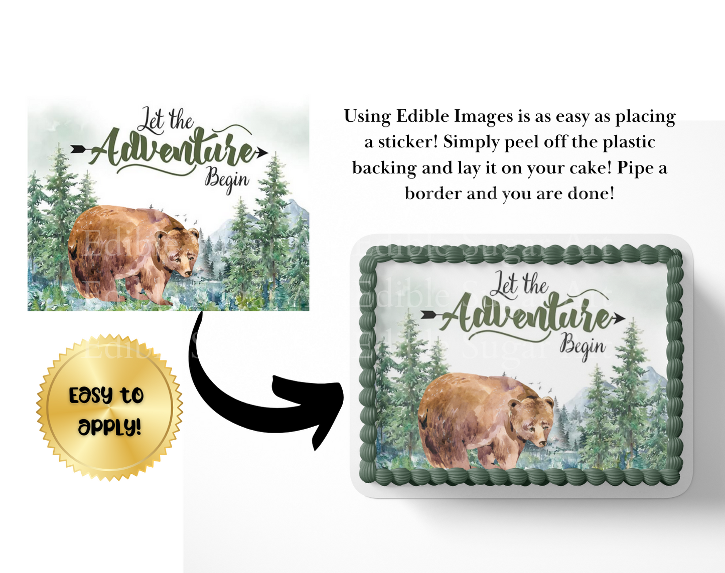 Let the adventure begin baby shower cake topper, the greatest adventure is about to begin, adventure awaits baby shower, cake topper, woodland cake topper, woodland baby shower, edible image, edible sugar art