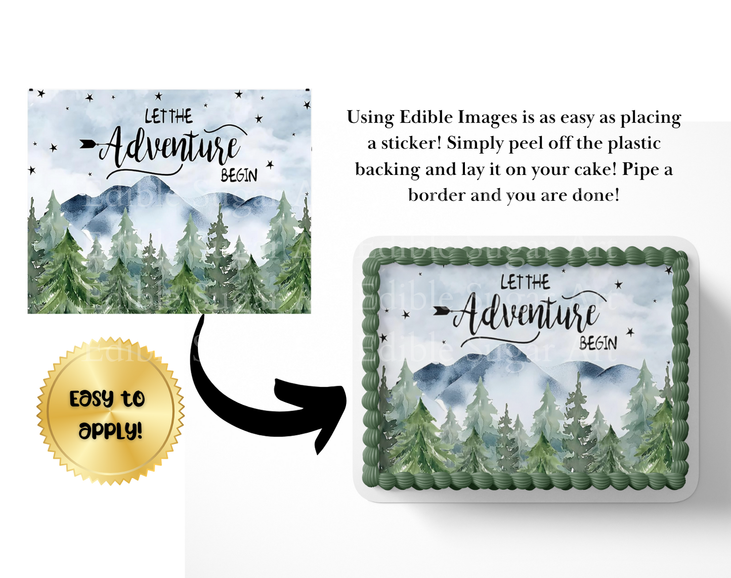 Let the adventure begin baby shower cake topper, the greatest adventure is about to begin, adventure awaits baby shower, cake topper, woodland cake topper, woodland baby shower, edible image, edible sugar art