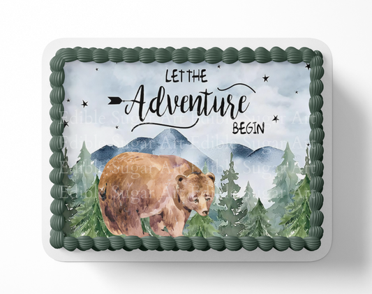Let the adventure begin baby shower cake topper, the greatest adventure is about to begin, adventure awaits baby shower, cake topper, woodland cake topper, woodland baby shower, edible image, edible sugar art