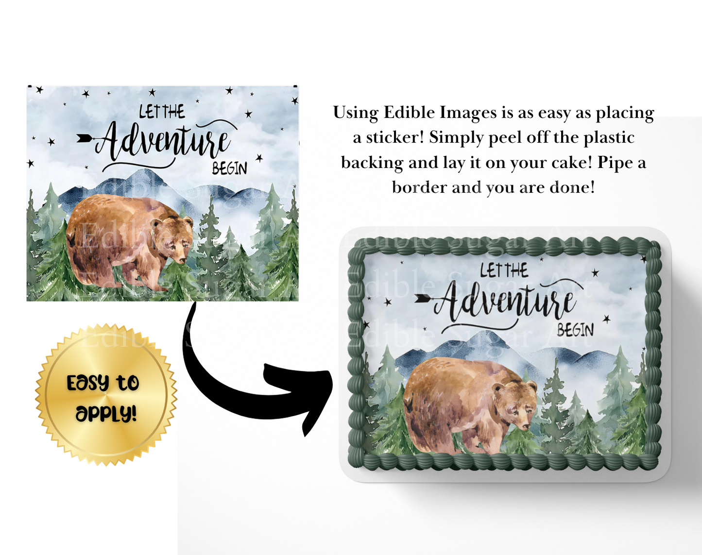 Let the adventure begin baby shower cake topper, the greatest adventure is about to begin, adventure awaits baby shower, cake topper, woodland cake topper, woodland baby shower, edible image, edible sugar art