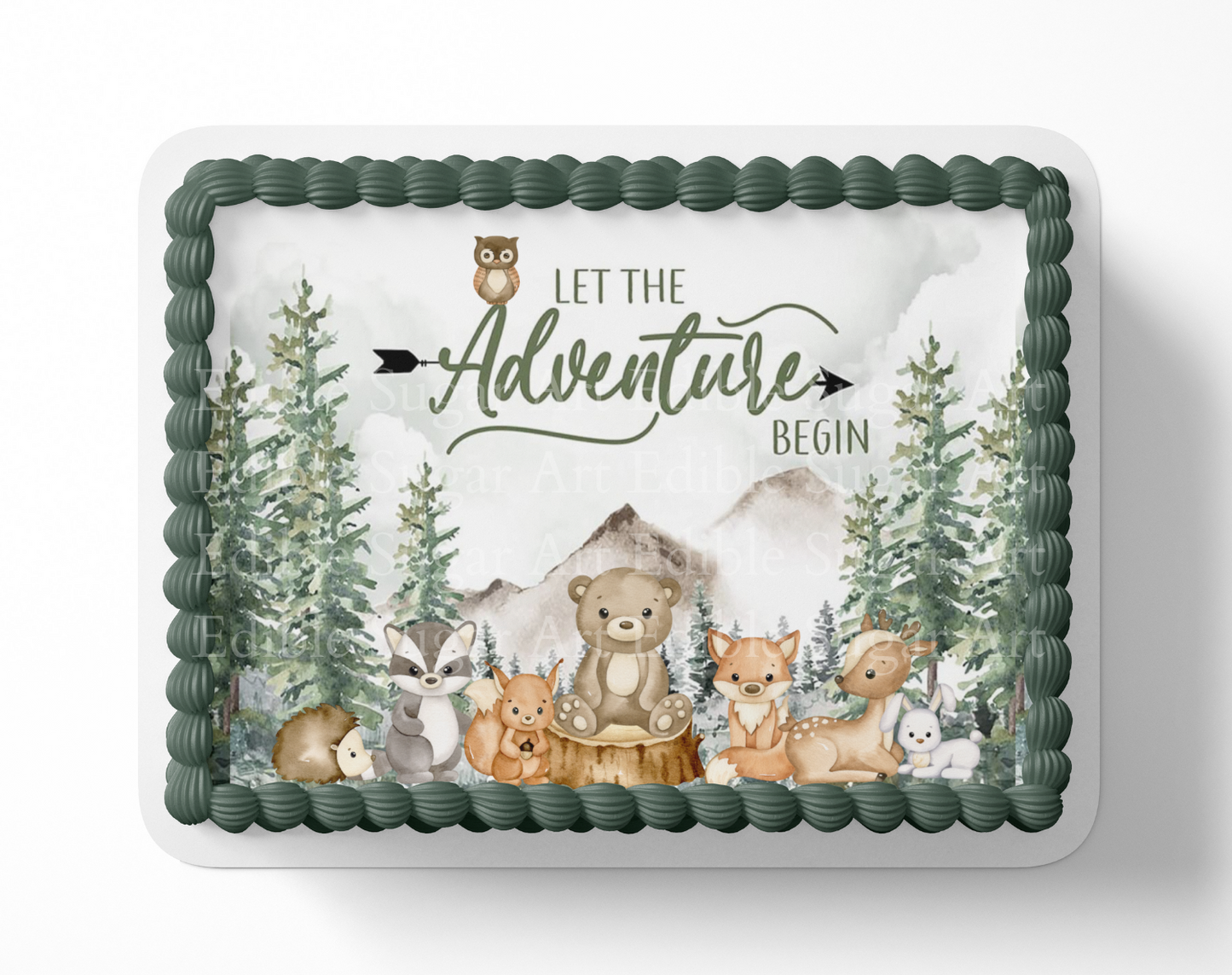 Let the adventure begin baby shower cake topper, the greatest adventure is about to begin, adventure awaits baby shower, cake topper, woodland cake topper, woodland baby shower, edible image, edible sugar art