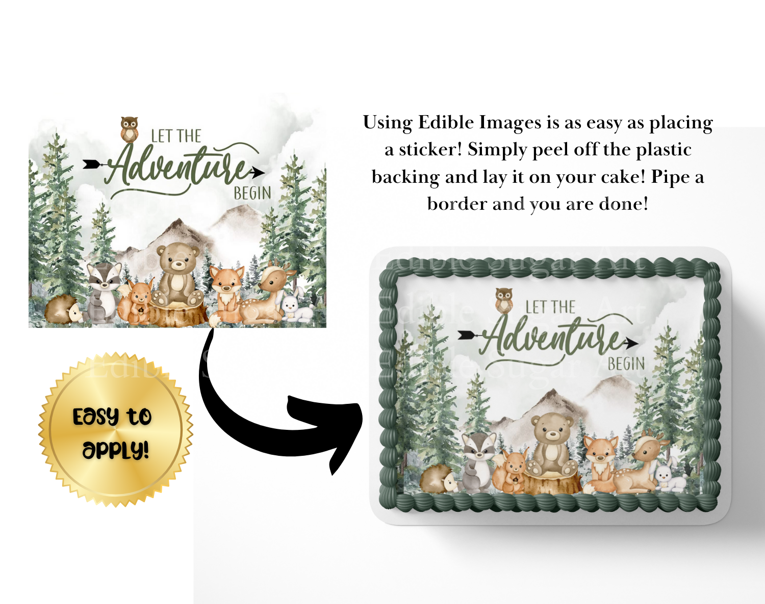Let the adventure begin baby shower cake topper, the greatest adventure is about to begin, adventure awaits baby shower, cake topper, woodland cake topper, woodland baby shower, edible image, edible sugar art