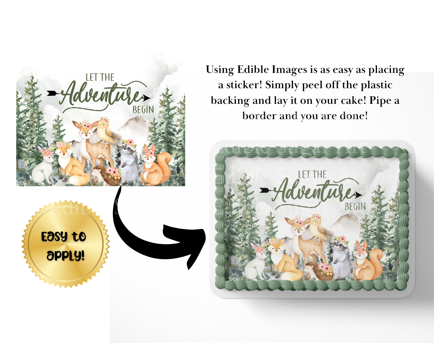 Let the adventure begin baby shower cake topper, the greatest adventure is about to begin, adventure awaits baby shower, cake topper, woodland cake topper, woodland baby shower, edible image, edible sugar art
