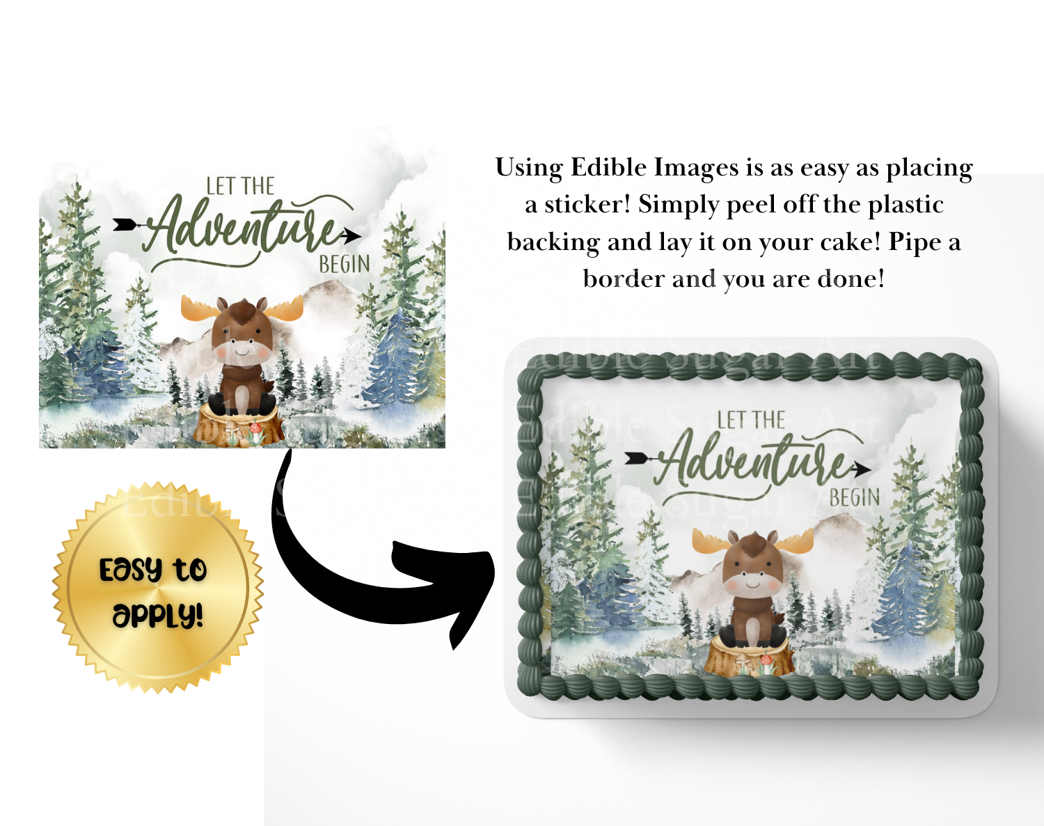 Let the adventure begin baby shower cake topper, the greatest adventure is about to begin, adventure awaits baby shower, cake topper, woodland cake topper, woodland baby shower, edible image, edible sugar art