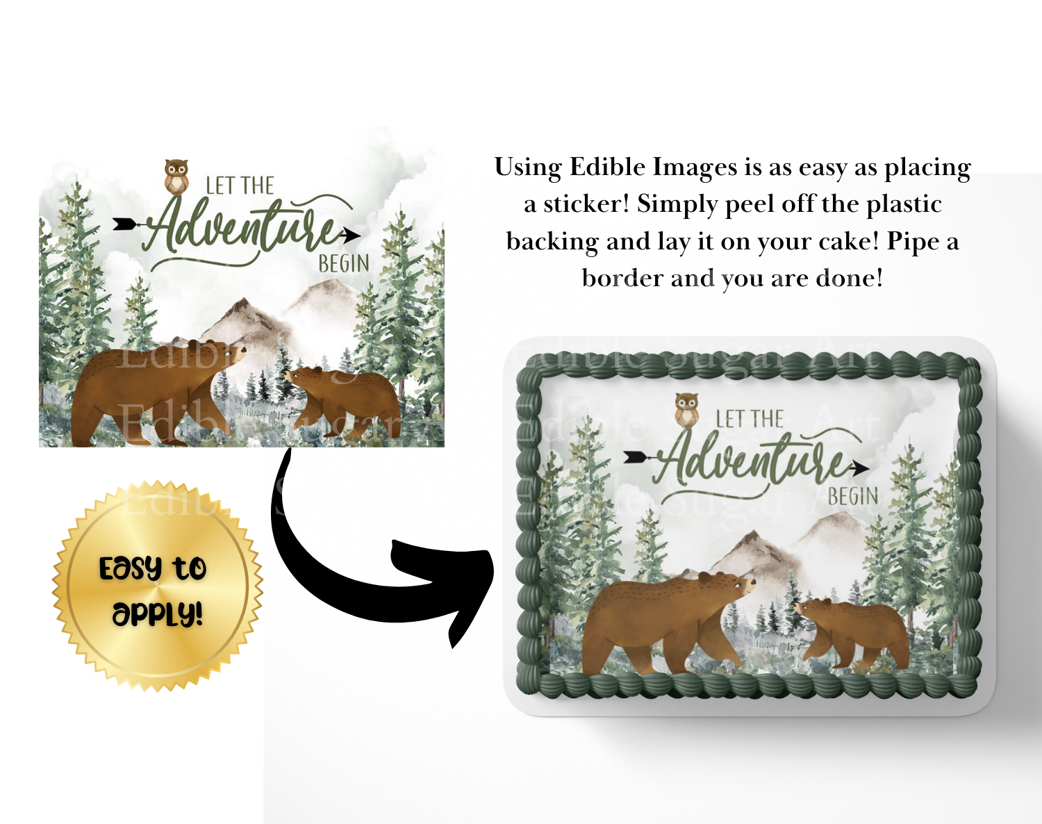 Let the adventure begin baby shower cake topper, the greatest adventure is about to begin, adventure awaits baby shower, cake topper, woodland cake topper, woodland baby shower, edible image, edible sugar art