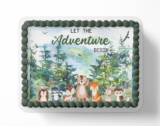 Let the adventure begin baby shower cake topper, the greatest adventure is about to begin, adventure awaits baby shower, cake topper, woodland cake topper, woodland baby shower, edible image, edible sugar art