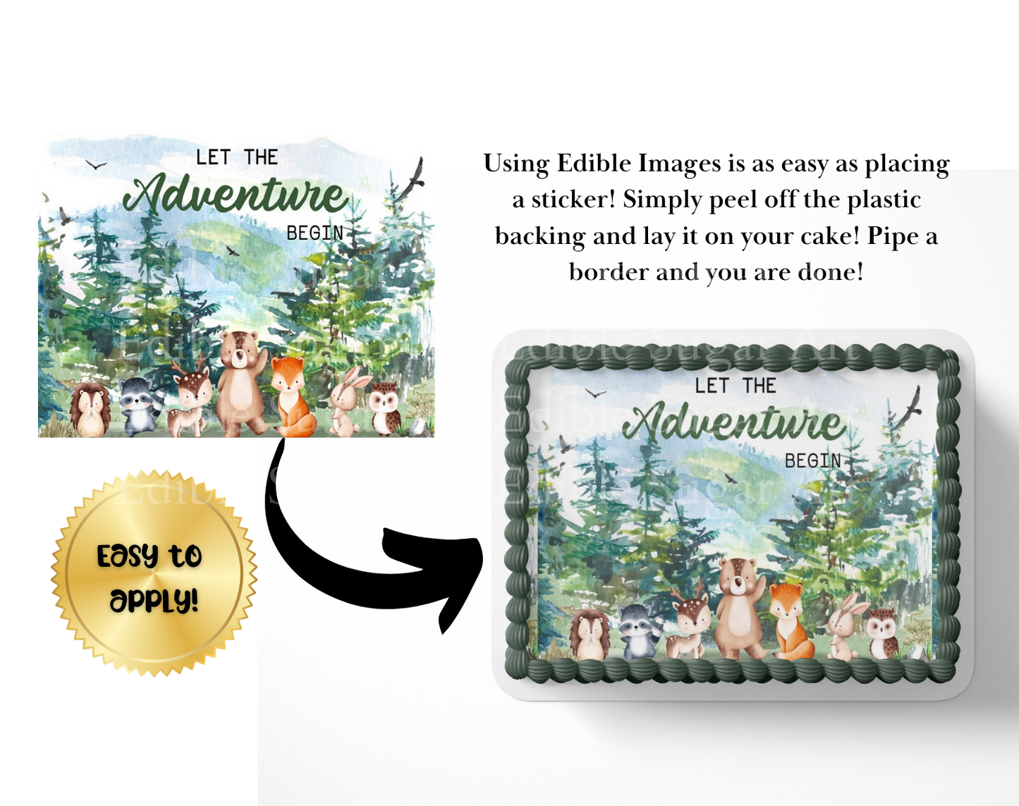 Let the adventure begin baby shower cake topper, the greatest adventure is about to begin, adventure awaits baby shower, cake topper, woodland cake topper, woodland baby shower, edible image, edible sugar art