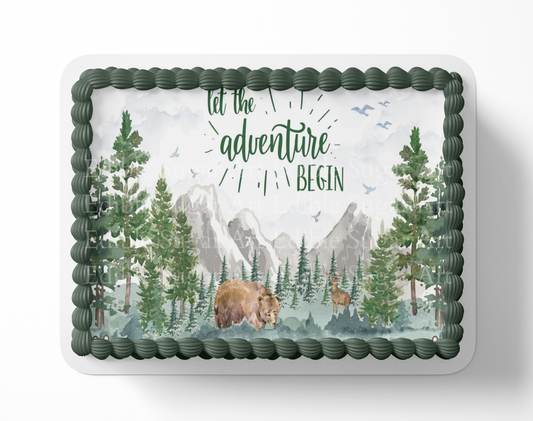 Let the adventure begin baby shower cake topper, the greatest adventure is about to begin, adventure awaits baby shower, cake topper, woodland cake topper, woodland baby shower, edible image, edible sugar art