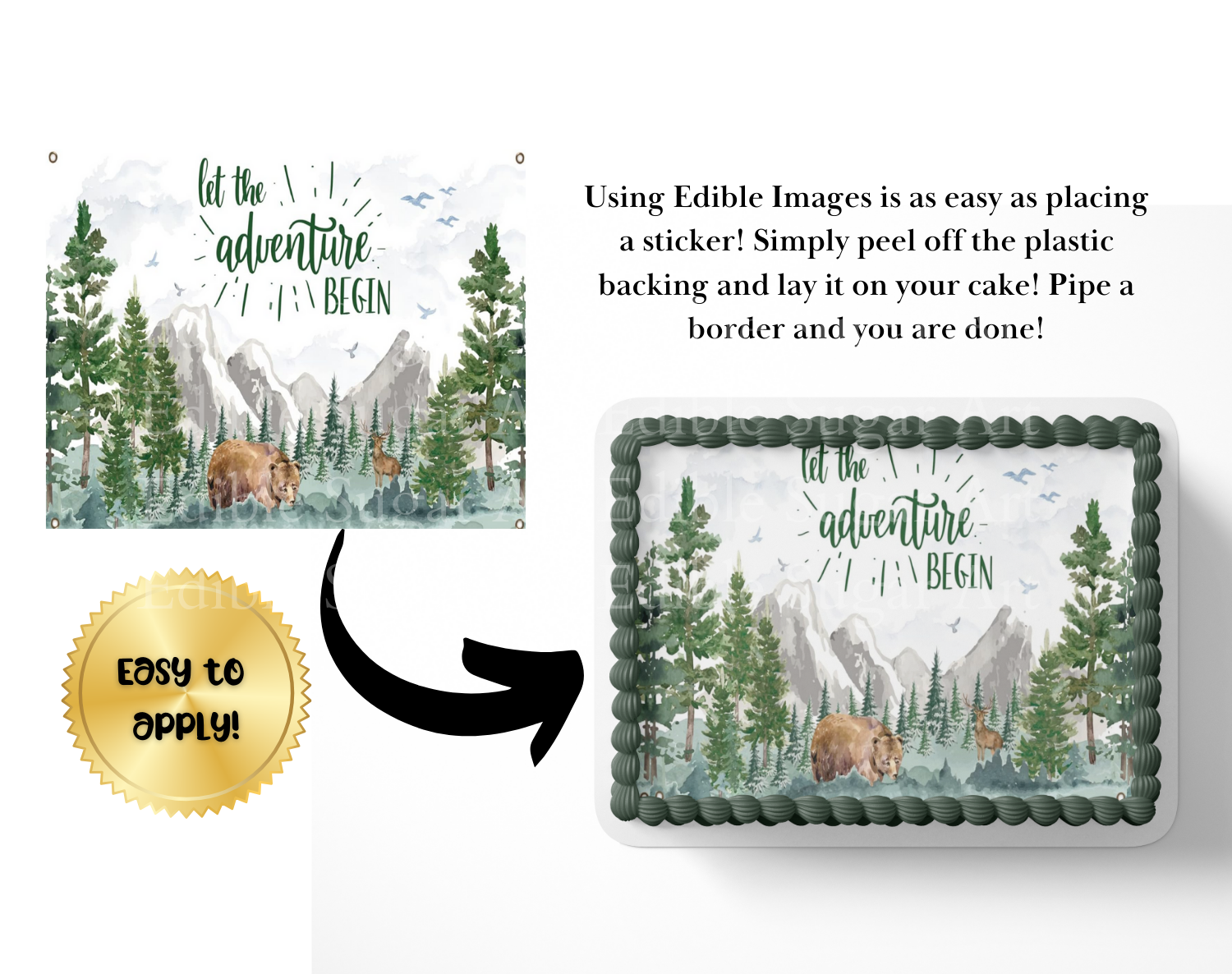Let the adventure begin baby shower cake topper, the greatest adventure is about to begin, adventure awaits baby shower, cake topper, woodland cake topper, woodland baby shower, edible image, edible sugar art