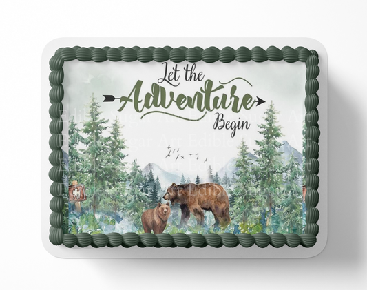 Let the adventure begin baby shower cake topper, the greatest adventure is about to begin, adventure awaits baby shower, cake topper, woodland cake topper, woodland baby shower, edible image, edible sugar art