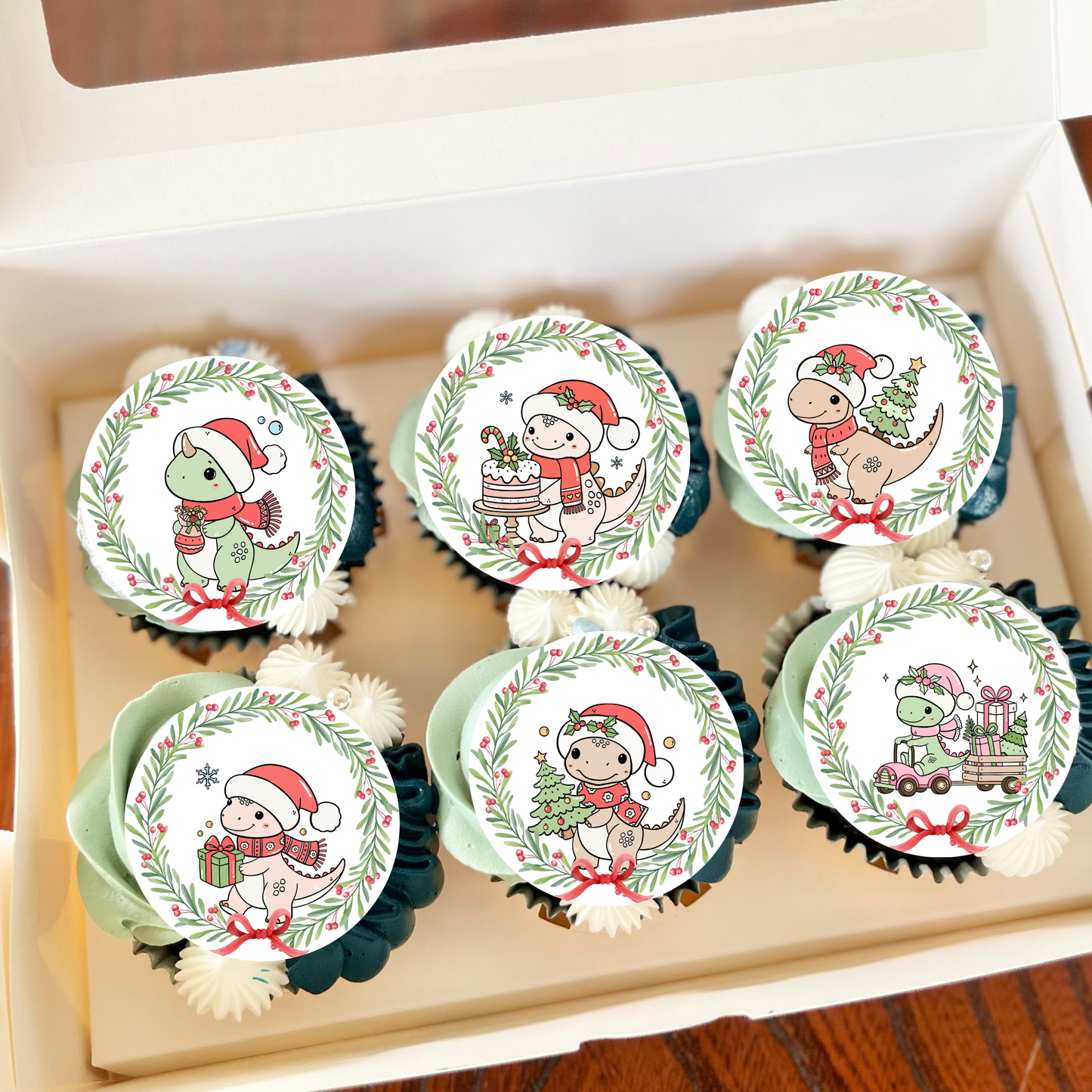 Christmas Dinosaur Cupcake Toppers, Edible Christmas Cupcake Toppers, Precut Christmas Dinosaur Cupcake Toppers,  Winter Cupcake Toppers