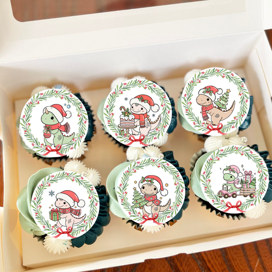 Christmas Dinosaur Cupcake Toppers, Edible Christmas Cupcake Toppers, Precut Christmas Dinosaur Cupcake Toppers,  Winter Cupcake Toppers