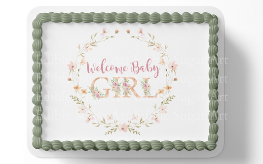 SPRING BABY SHOWER CAKE TOPPER, WELCOME BABY GIRL CAKE TOPPER,  SPRING FLOWER DECORATIONS, SPRING PARTY, EDIBLE IMAGE, EDIBLE PICTURE