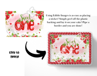 Decorative cake topper with 'Sweet One' text and strawberry design, showing application instructions.