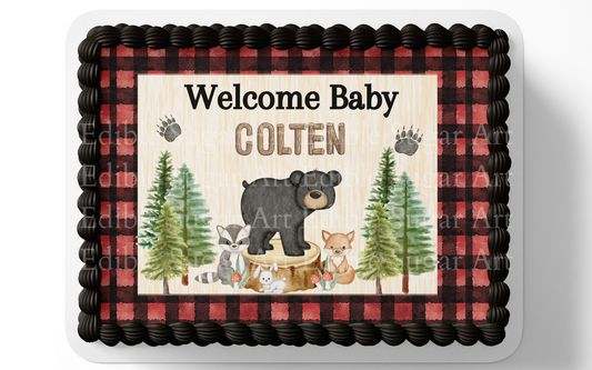WOODLAND BABY SHOWER CAKE TOPPER EDIBLE IMAGE 