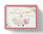 Baby shower cake with pumpkins, flowers, and text 'a sweet little pumpkin is on the way' on a white background.