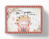 Baby shower cake with pink vintage pickup truck, pumpkin, and floral design on a white cake