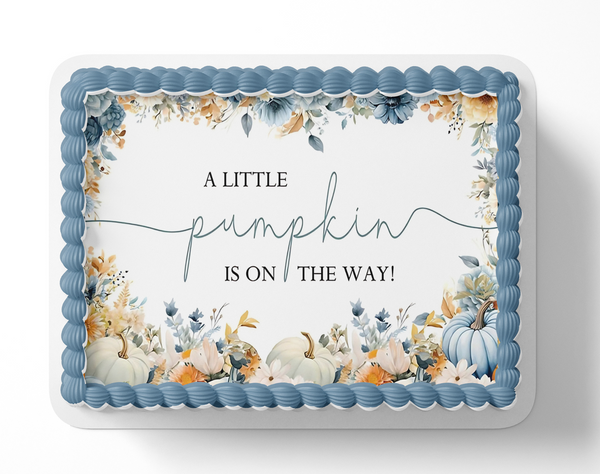 A little  pumpkin is on the way boy blue pumpkin cake topper