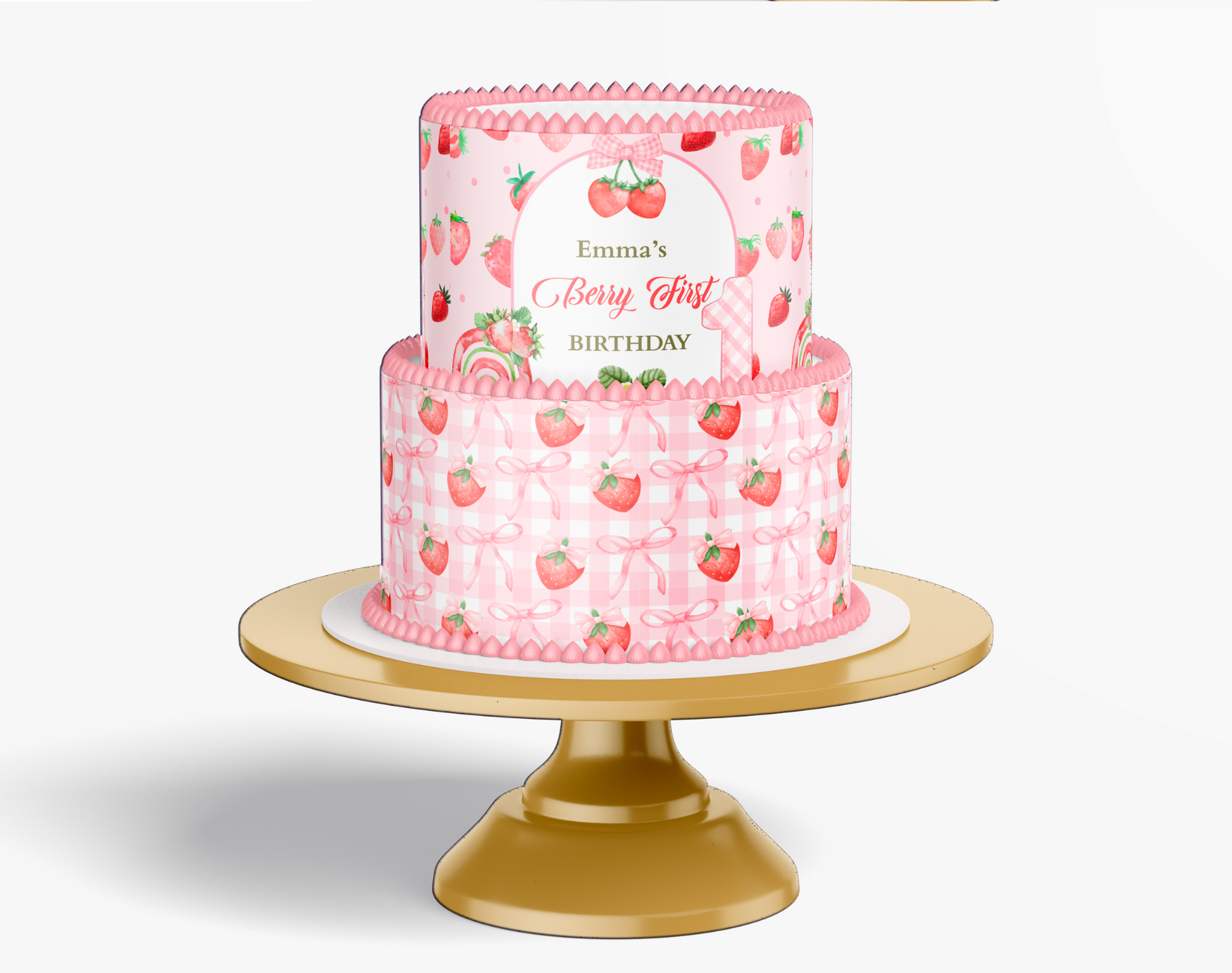 Two-tiered pink birthday cake with strawberry pattern on a gold cake stand against a white background