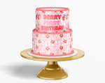 Two-tiered birthday cake with strawberry pattern and 'Berry First Birthday' text on a white background