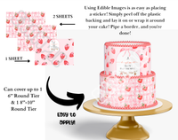 Edible image packaging for a two-tier cake with strawberry pattern and instructions on application.