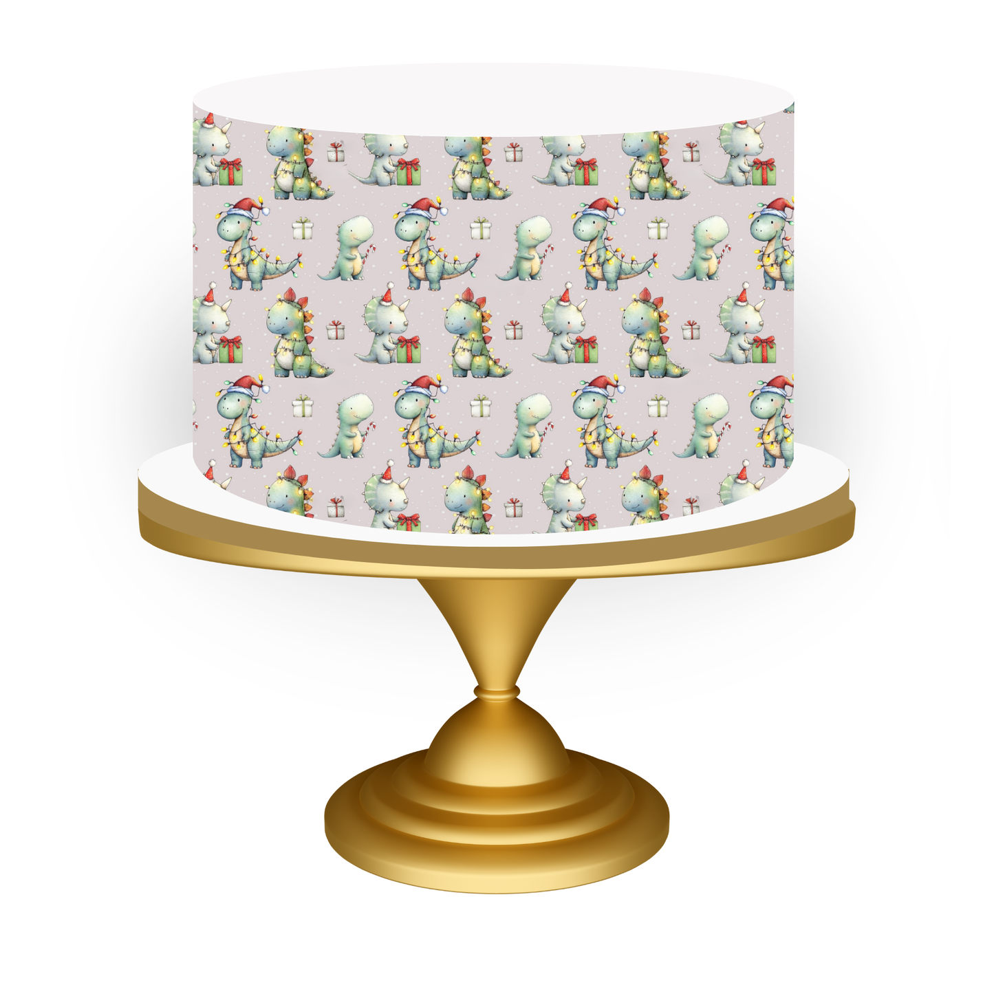 Decorative cake with dinosaur pattern on a white background