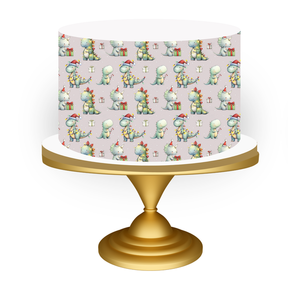 Decorative cake with dinosaur pattern on a white background