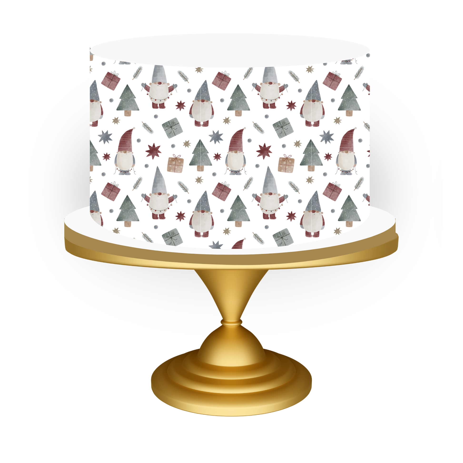 Decorative cake stand with Christmas-Gnome themed pattern on a white background
