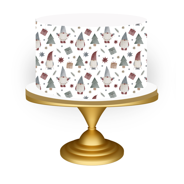 Decorative cake stand with Christmas-Gnome themed pattern on a white background