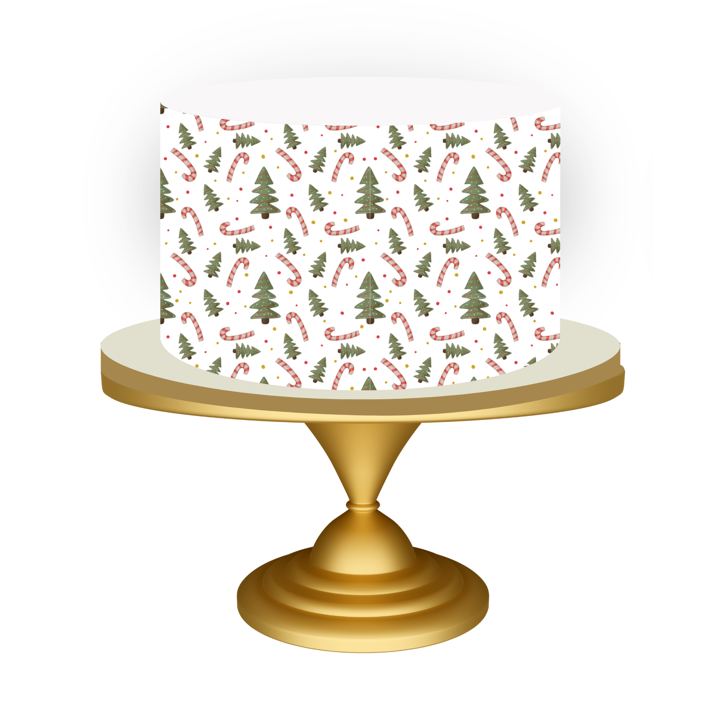 Cake with Christmas-themed design on a gold stand against a white background
