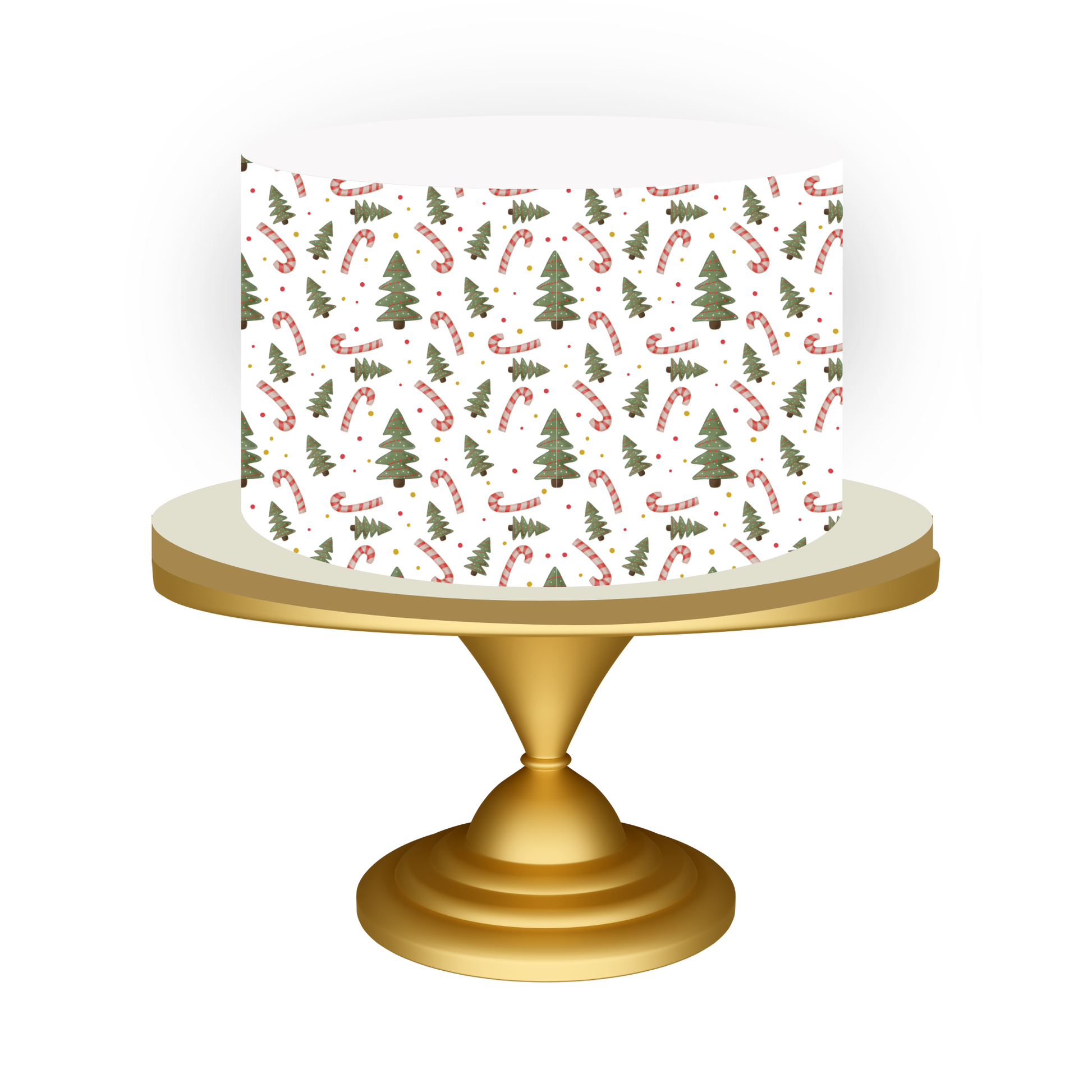Cake with Christmas-themed design on a gold stand against a white background