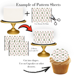 Patterned cake toppers and cupcake with instructions on how to use them.