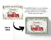 Edible image with a red truck and pumpkins for cake decoration, showing application instructions.