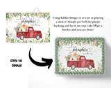Edible image with a red truck and pumpkins for cake decoration, showing application instructions.