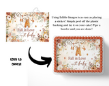Edible cake image with 'Fall in Love with Baby' text and autumn-themed design, showing how to apply it.