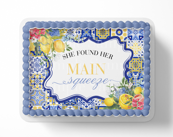 Mediterranean Tile Lemon Bridal Shower Cake Topper – Edible Image for Bridal Shower Cake, Italian Lemon Theme Party