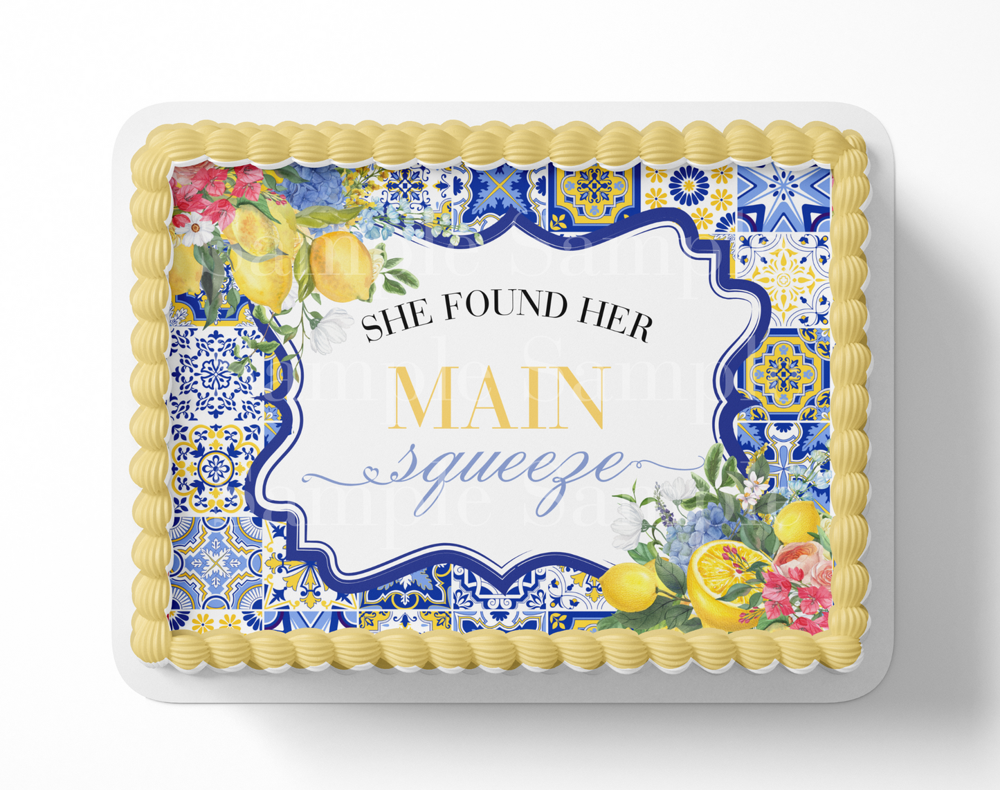 Mediterranean Tile Lemon Bridal Shower Cake Topper – Edible Image for Bridal Shower Cake, Italian Lemon Theme Party