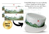 Cake with mountain design and text on how to use Edible Images