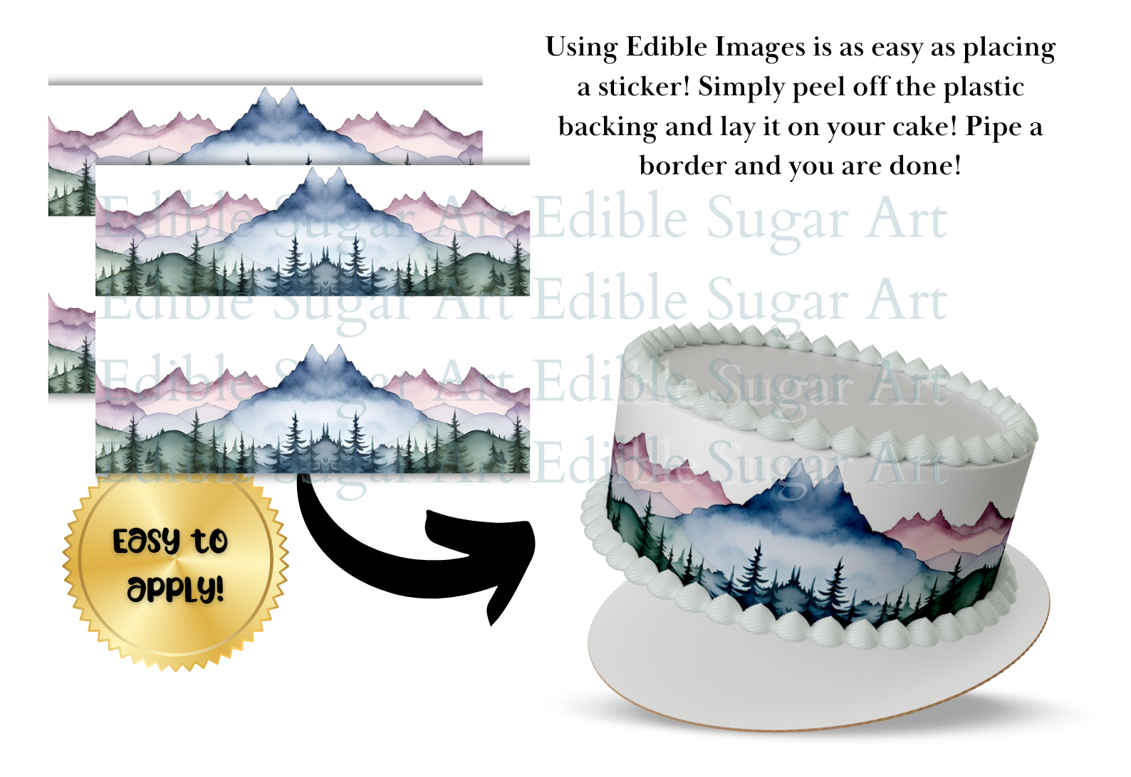 Edible cake border with mountain design and text on how to use it