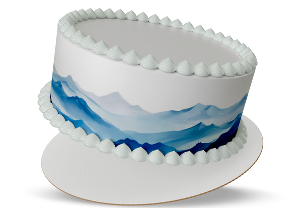 Cake with blue and white wave design on a white background