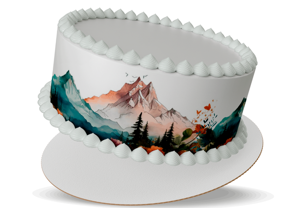 Cake with mountain and forest design on a white background