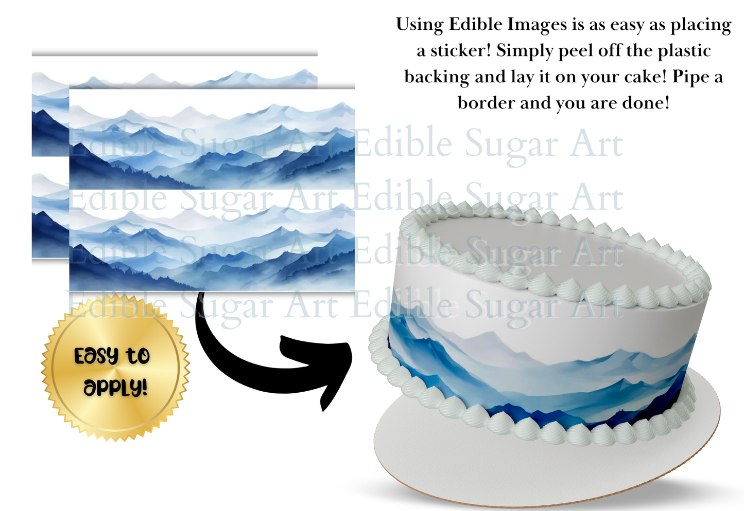 Edible cake border with mountain design and text on a white background