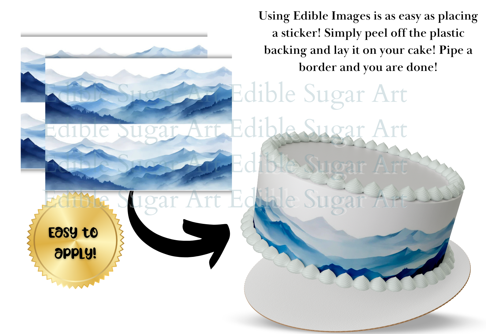 Edible cake border with mountain design and text on a white background