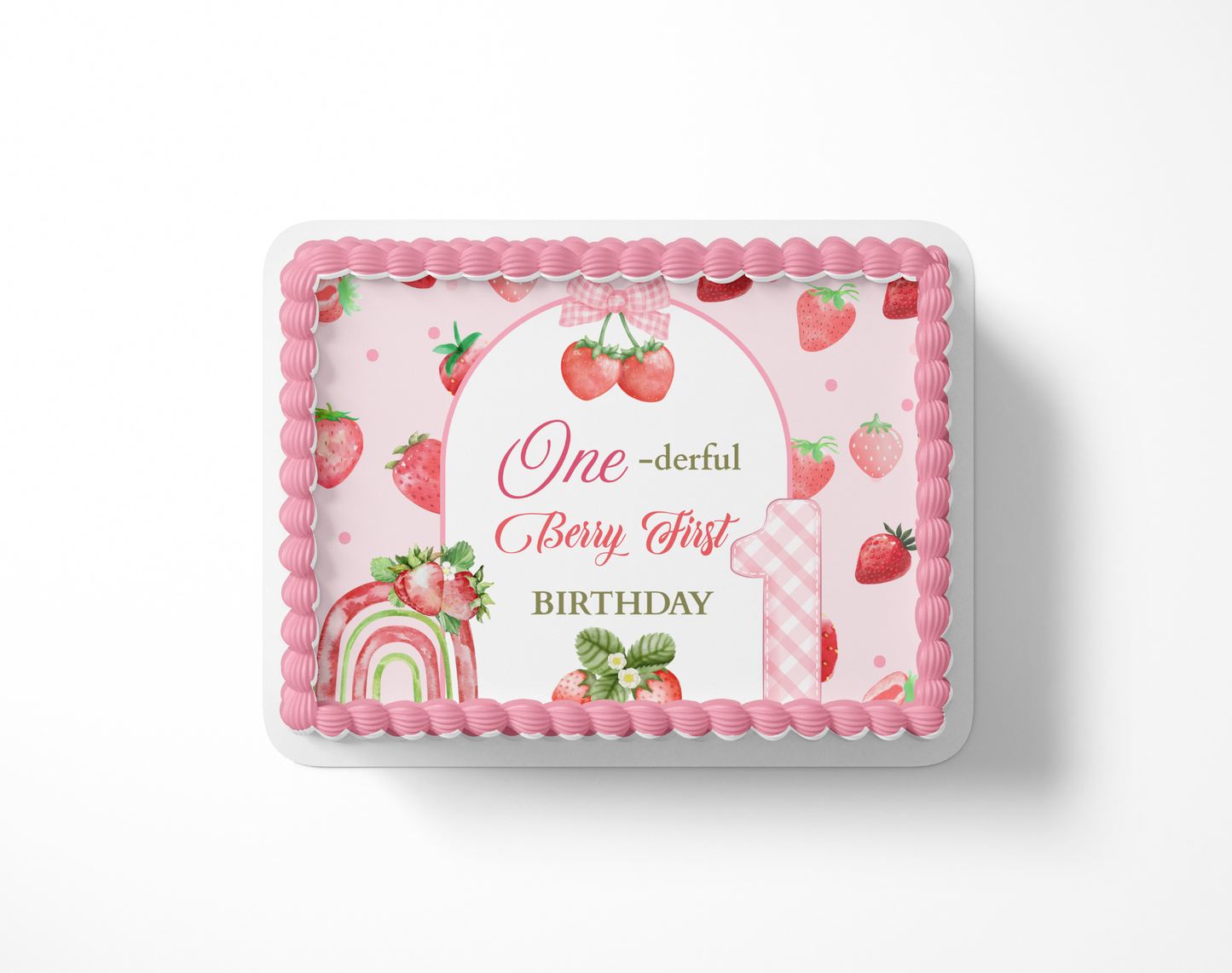Decorative cake with 'One-derful Berry First Birthday' text and strawberry design on a white background