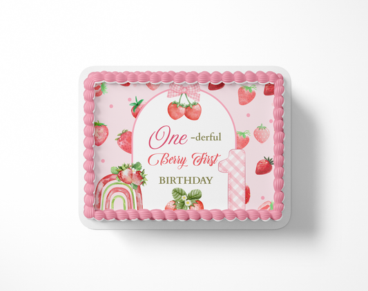 Decorative cake with 'One-derful Berry First Birthday' text and strawberry design on a white background