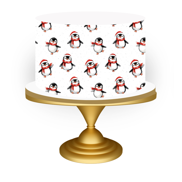 Decorative cake stand with penguin pattern on a white background