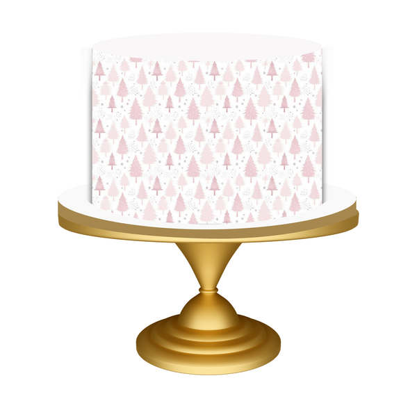 Decorative cake stand with pink christmas tree pattern on a white background