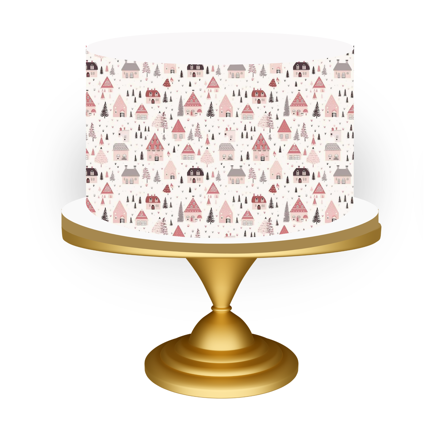 Decorative cake stand with a patterned white top and gold base on a white background pink christmas cake 