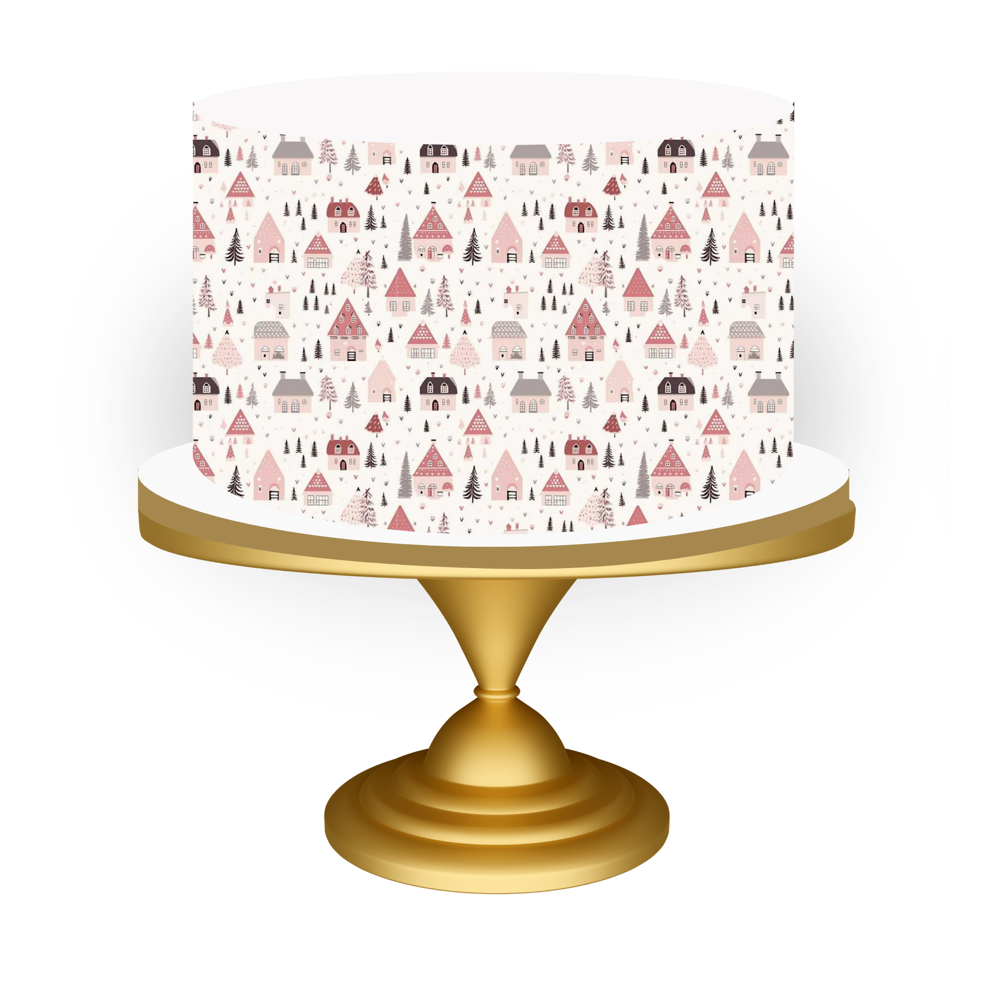 Decorative cake stand with a patterned white top and gold base on a white background pink christmas cake 