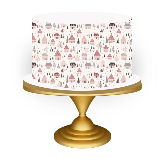 Decorative cake stand with a patterned white top and gold base on a white background pink christmas cake 